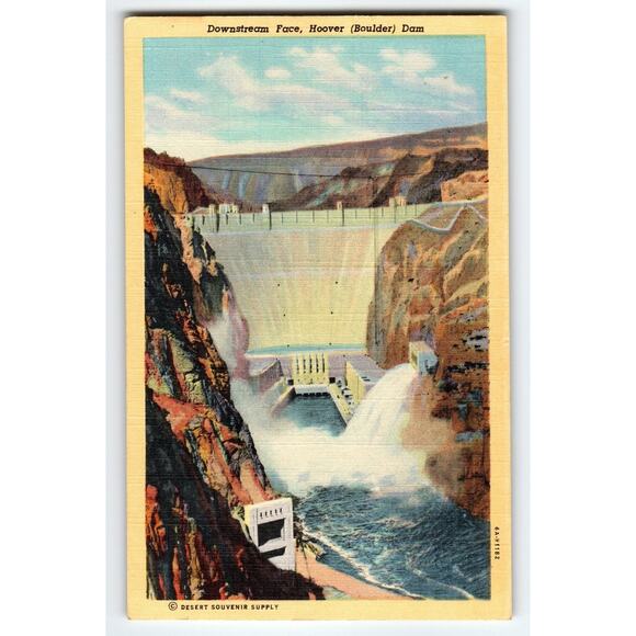 Vintage Linen Postcard Downstream Face Hoover Boulder Dam Desert Souvenir - Picture 1 of 2